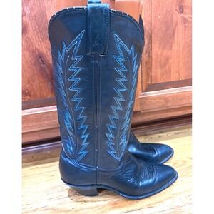 Vintage Double H Black Western Boots Blue Stitch Size 7B